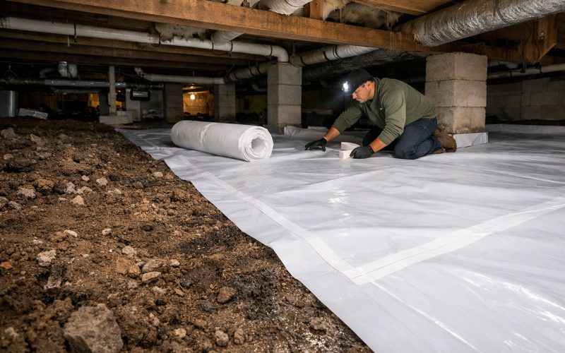 A technician lays down a thick white vapor barrier directly over damp, exposed soil in a crawl space, sealing out ground moisture and humidity to protect the home’s structure and improve energy efficiency.
