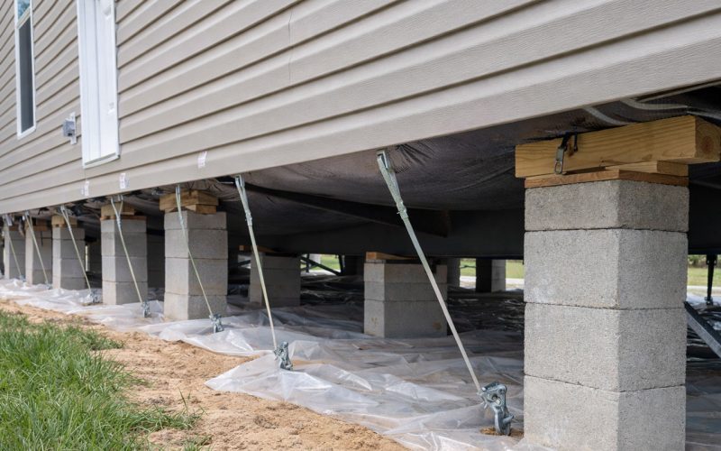 Heavy steel hurricane tie-down straps connecting floor joists to piers in a mobile home crawl space
