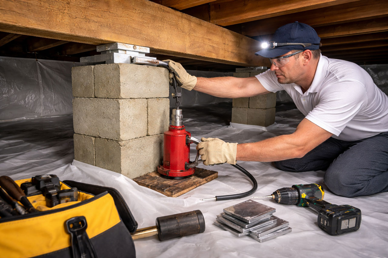 Installer raising a home on a bottle jack to reset the shims on a concrete block pier