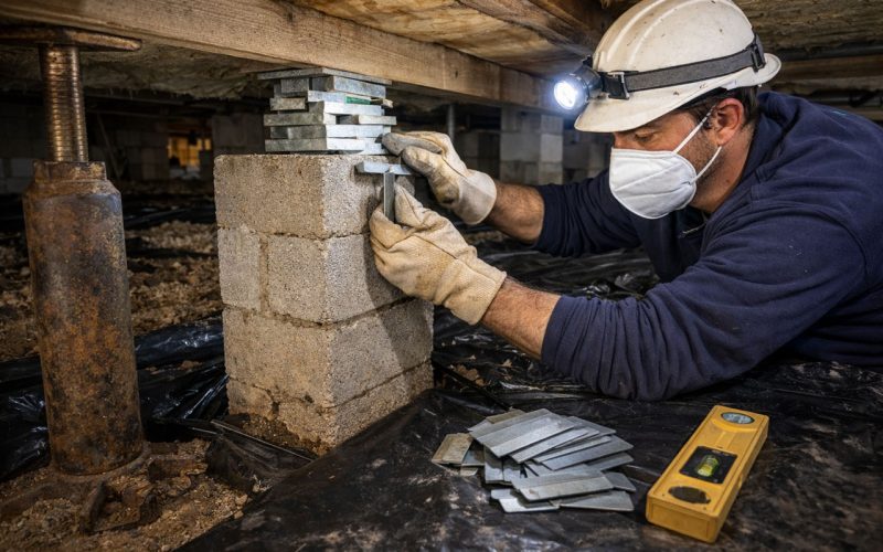 A worker in protective gear carefully places metal shims beneath a concrete pier in a crawl space, using a level to ensure precise alignment — part of East Coast Vapor Barrier’s structural leveling and stabilization service.