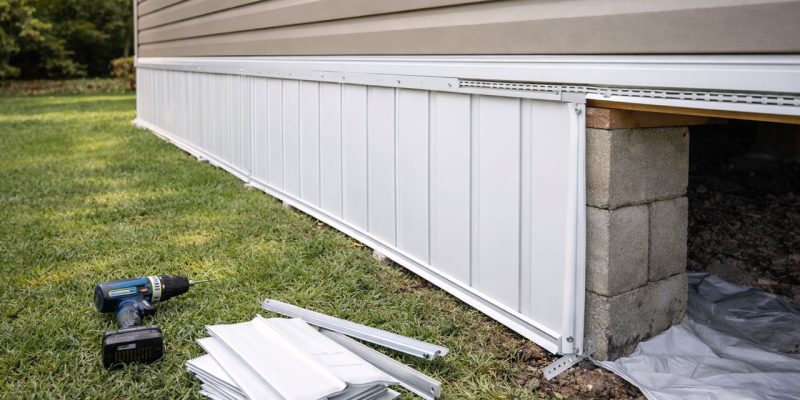 White vinyl skirting panels being installed along a home’s foundation, with tools and materials neatly arranged on the grass — showing East Coast Vapor Barrier’s organized, professional approach to exterior foundation protection.
