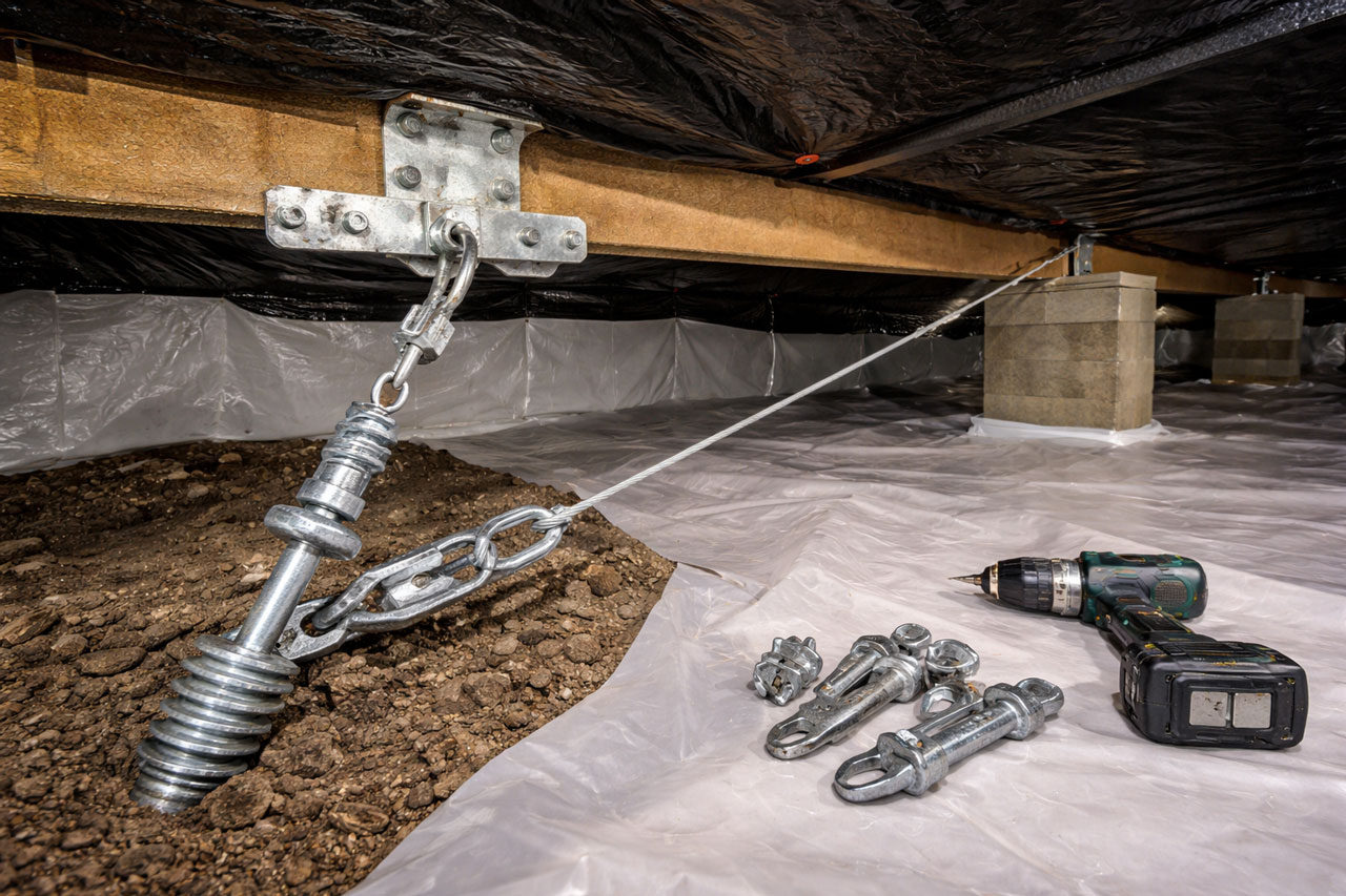 Ground anchor head and tensioning hardware set beside a home's pier during a tie-down install