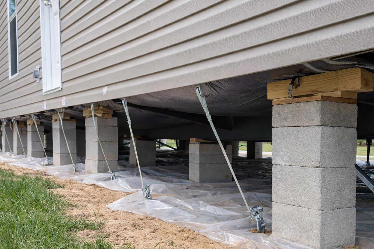 Tie-down straps running from a home's frame to anchors along a row of concrete block piers