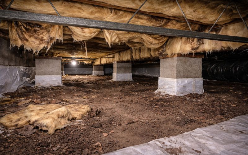 A dimly lit crawl space showing sagging, damaged insulation between floor joists, exposed dirt floor, and concrete piers — illustrating the need for East Coast Vapor Barrier’s comprehensive insulation and encapsulation services.