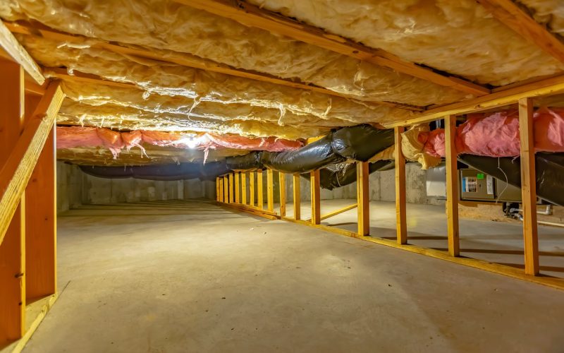 A clean, well-lit crawl space featuring fiberglass insulation installed between floor joists, sealed ductwork, and wooden framing — showcasing East Coast Vapor Barrier’s comprehensive approach to thermal and moisture control.